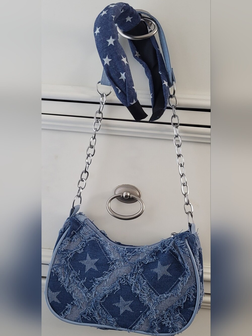 Denim Star-Print Shoulder Bag in Blue -NWOT